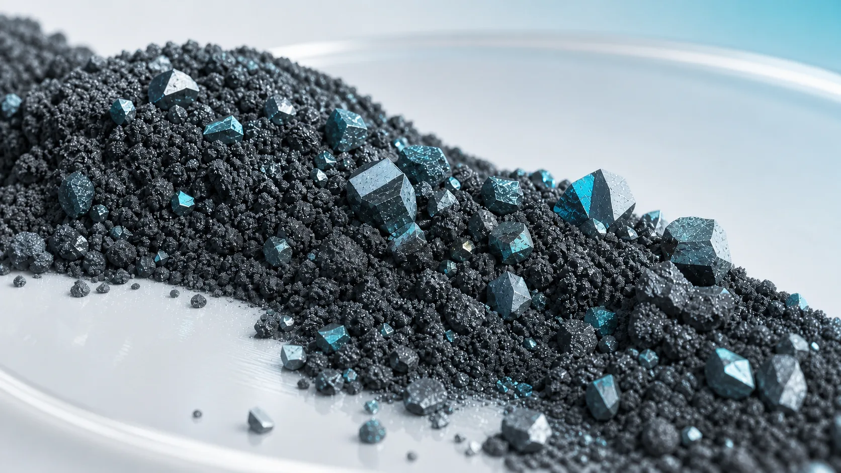 Engineered cathode powder and crystalline structures on a bright precision sample tray