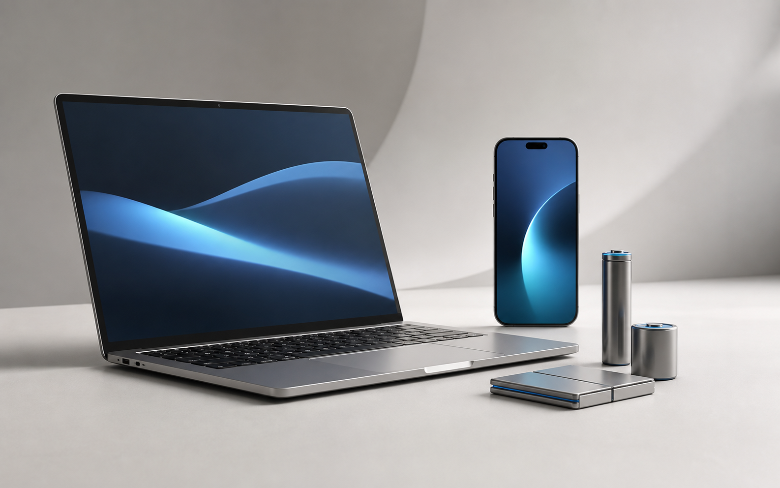Consumer electronics including a laptop, smartphone, and compact battery cells